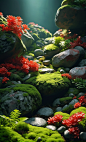 00133-4110754904-instagram photo,Hyperrealism,cinematic,realistic,4K,the rocks are covered with moss,surrounded by some strange green plants and