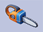 This may contain: an orange and blue corded saw on a gray background