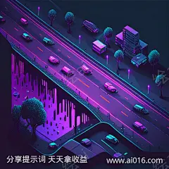 霓虹公路_提示词查看_Midjourneyai绘图工具关键词描述词咒语_512X512像素-绘画,公路,城市,复古,蒸汽波,赛伯朋克,未来科幻,像素艺术-提示词编号:2023060613343280-绘ai-www.ai016.com