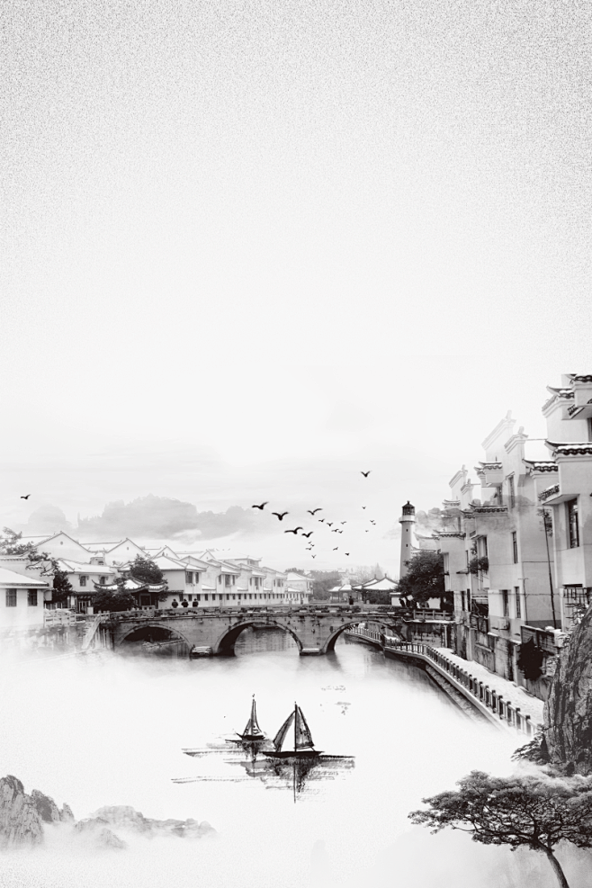 城市水墨黑白魅力水墨江南城市黑白中国风建筑风景旅游海报中国风复古