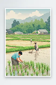 AI水稻复古农民插秧春耕农忙种田插画