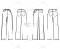 牛仔裤套装牛仔裤技术时尚插图，全长，正常低腰，高腰，5口袋，铆钉