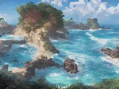 插画海滩壁纸 【酷图网】动漫,插画,海滩,岩石,海洋,氛围感,宫崎骏,大海背景墙,海景,大海高清图,海滩壁纸,蓝天,唯美