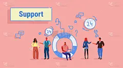 业务人员组技术团队支持中心概念在线客服工作流程男女卡通人物全长素描流动风格水平