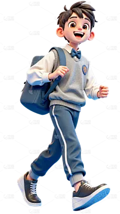 人物系列3D风青春校园感麻花辫校服装男学生走路元素