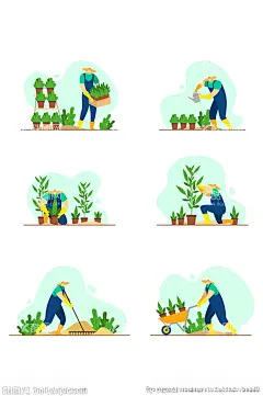 卡通农民播种园艺插画  - 源文件下载【酷图网】卡通农民,播种,园艺插画,种植,插秧,矢量手绘,手绘元素,人物插画,农民插画,种花,设计元素