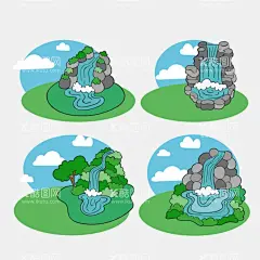 瀑布   - 源文件下载【酷图网】瀑布,卡通,手绘,风景,大自然,水流,山水风光,跌水,垂直跌落,垂水,流动的河水