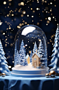 A snow globe is standing above christmas trees, in the style of hyperrealistic illustrations, soft and dreamy atmosphere, dark white and blue, aurorapunk, meticulous design, associated press photo, realistic rendering