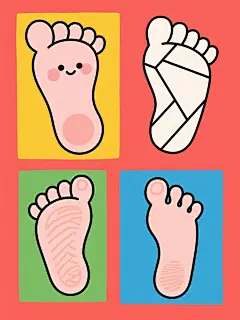 四个不同造型的卡通风格脚部插画系列素材，每个脚部保持原有的脚掌、脚趾、脚跟核心元素内容，造型分别变换为：1. 圆润可爱风格，脚趾短粗圆润，线条柔和；2. 几何简约风格，由直线和几何图形构成，棱角分明；3. 写实卡通风格，增加脚趾纹理和脚跟细节，线条细腻；4. 夸张变形风格，脚趾拉长或缩短，脚掌比例夸张。每个脚部插画均为纯色背景，背景色彩分别为红色、黄色、绿色、蓝色，整体画面色彩明快鲜艳，无水印，四个脚部插画规整排布成2x2的矩阵形式，保持卡通插画的平面设计感和简洁线条风格。