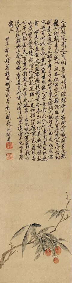 沈周——《大利图（荔枝）》【人传顾家园近有闽荔栽...。白茅顾氏种荔核成树有感并系以图】荔枝 书画立轴欣赏  |  
明|沈周(1427～1509)字启南，号石田、白石翁、玉田生、有居竹居主人等，长洲 (今江苏苏州)人。明代中期文人画“吴派”的开创者，&quot;吴门四家&quot;之首，与文徵明、唐寅、仇英合称“明四家”。擅山水，中年后风格沉着浑厚。亦作细笔，人称“细沈”。兼工花鸟、人物。