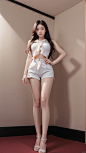  (Best Quality), (Masterpiece), (High), Illustrated, Original, Very Detailed 1 Girl,(from below),full body,Solo, Shorts, Big breast,long Hair, Whistle, Long Legs, Wrist Straps, Navel, Long Hair, Abdomen, Shorts, Shirt, Hand on Hips, Lips, White Shorts, Lo