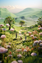 valley, Miniature, basin grassland full of flowers, tiny little people playing, soft - focus, Tilt - shift, styles presented in cinema4d, subtle pastel tones, transparency, 3D rendering, oc rendering, best quality, realistic hyper-detailed rendering, vray