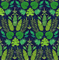 无缝锦缎图案与怪物，香蕉和藤本植物的叶子在深蓝色的背景。热带壁纸。纹理与丛林树叶。