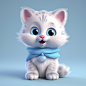 fluffly kitten with round cheeks and blue eyes wearing a blue scarf, 3D cartoon CGI style,