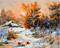 油画夕阳下雪地上的树木和房屋高清摄影图片素材