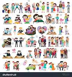 一套幸福的家庭，人们，与他们的行李箱家庭，晚餐，妈妈读一个故事给孩子们，大，穆斯林，时尚插画，时尚的青少年，友谊，矢量