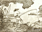 南通民间画家郁异人绘 《江海民俗风情百图》——吊梁取水农田抗旱或施肥时，用木制的小桶利用杠杆原理，从沟河里取水。