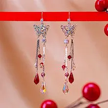 【蝶梦】蝴蝶配红白水滴水晶耳环 情人节礼物 女友礼物 古风 抗敏