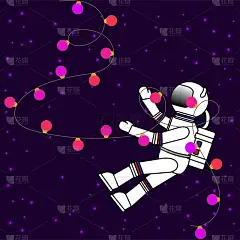 白色宇航员在紫色的空间与圣诞花环，平面简单的矢量插图