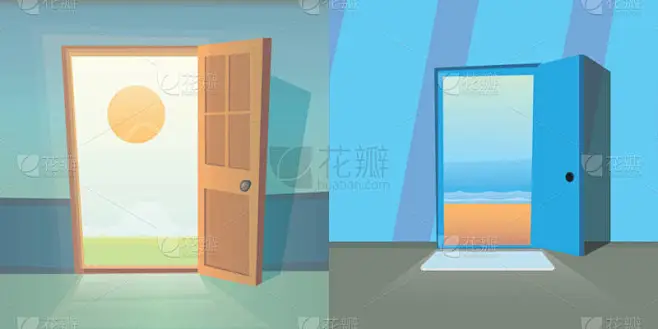 开着的门矢量集合。可爱的门套。梦想成真。卡通退出和夏天-花瓣网