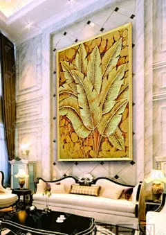 欧式手绘东南亚油画玄关装饰画客厅无框画竖版有框挂画金箔芭蕉叶-tmall.com天猫