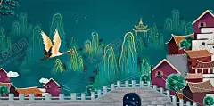 古风亭台楼阁山水国潮风插画 【酷图网】亭台楼阁,古典,元素,梦幻,大气,典雅,中国风,国画,山水画,中国风插画,古典艺术画,古典元素,古典插画,国潮,鹤,国潮风,国风,祥云,舞狮,国潮元素,国潮海报,国潮背景,扇子,古代建筑,鱼,手绘,古风,山,传统
