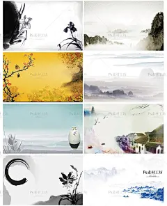 水彩水墨中国风古典工笔画风山水海报模板背景PSD设计PS素材 H712-淘宝网