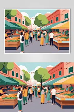 AI数字艺术家庭一起逛集市场数字贴画