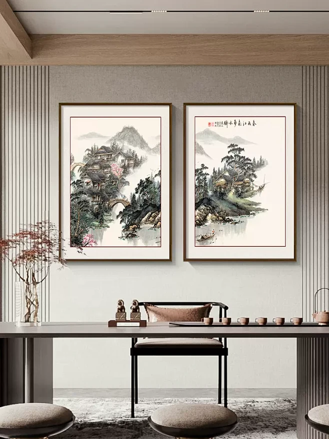 国画山水画茶室挂画新中式客厅装饰画双联组合壁画餐厅背景墙画方-tmall.com天猫-花瓣网