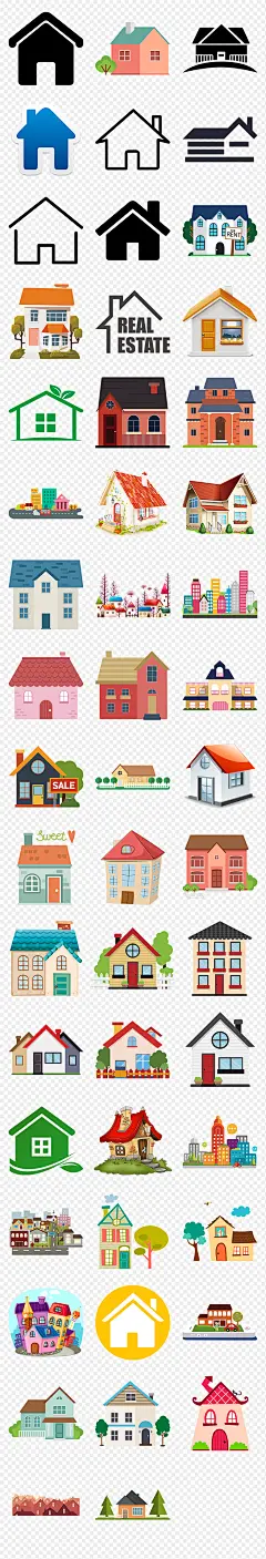 卡通手绘扁平化房子楼房剪影图标海报素材背景图片PNG