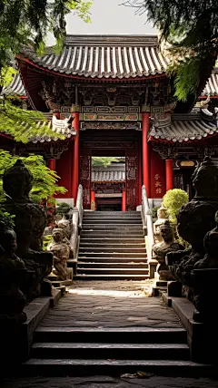 蓝天白云古风建筑3d古风建筑植物树木