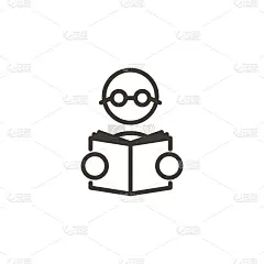 人物戴眼镜看书。矢量细线图标。