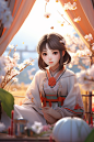 户外露营汉服女生CG露营模型插画图片