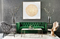 green sofa + painted brick wall + bold art + oversized vases: