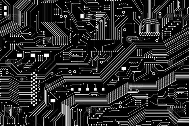 计算机工程。黑白电子主板插图，俯视视图
