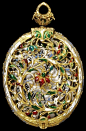 Watch and pair case 1625-1640 (made) after 1625-1650 (altered) Enamelled gold watch case, engraved on the case the Stuart Royal Arms in Garter, with crested helm and supporters, and monogram ‘C.R.’, inscribed ‘This watch was a present from 