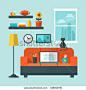 Flat design vector illustration of modern home office interior with sofa and laptop - stock vector