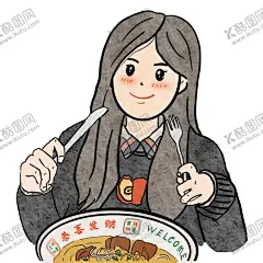 卡通女孩头像 【酷图网】手绘,女孩,头像,插画,卡通,美食,吃饭,扁平插画,Q版插画,吃面