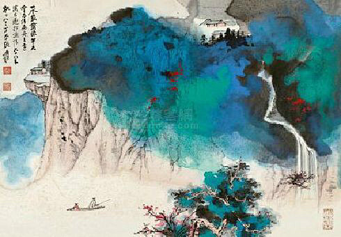张大千-泼墨山水 “张大千的画风，先后曾经数度改变，晚年时历经探索，在57岁时自创泼彩画法，是在继承唐代王洽的泼墨画法的基础上，揉入西欧绘画的 ...