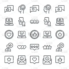 评论和奖状相关线图标设置。反馈线性图标。审查和调查大纲向量符号收集。