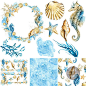 水彩手绘水彩蓝色海洋风海马海星海螺背景图案 PPNG免扣素材 P64-淘宝网