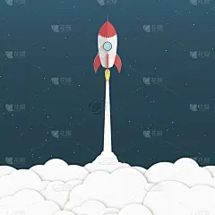 红色卡通火箭。你的项目的背景。白色的烟雾。网站的广告海报。现代设计。实现我们的目标。矢量插图在一个平