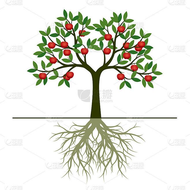 绿色的春天树，根和红苹果。矢量插图。