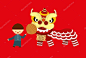 Chinese lion dancing with boy,  chinese new year card