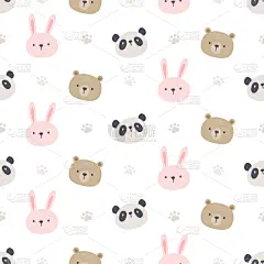 四方连续纹样,兔子,背景,熊猫,可爱的,脚印,纺织品,野生动物,壁纸,柔和色