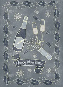 布局，圣诞卡，香槟，玻璃杯，五彩纸屑，爆竹的插图