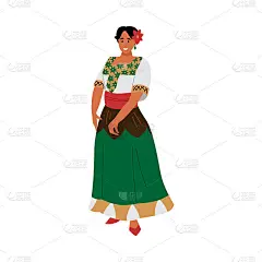 深色皮肤的女人在墨西哥服装，平面矢量插图孤立。