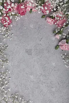 在灰色的混凝土背景上，点缀着粉红色的郁金香和康乃馨。有选择性的重点。