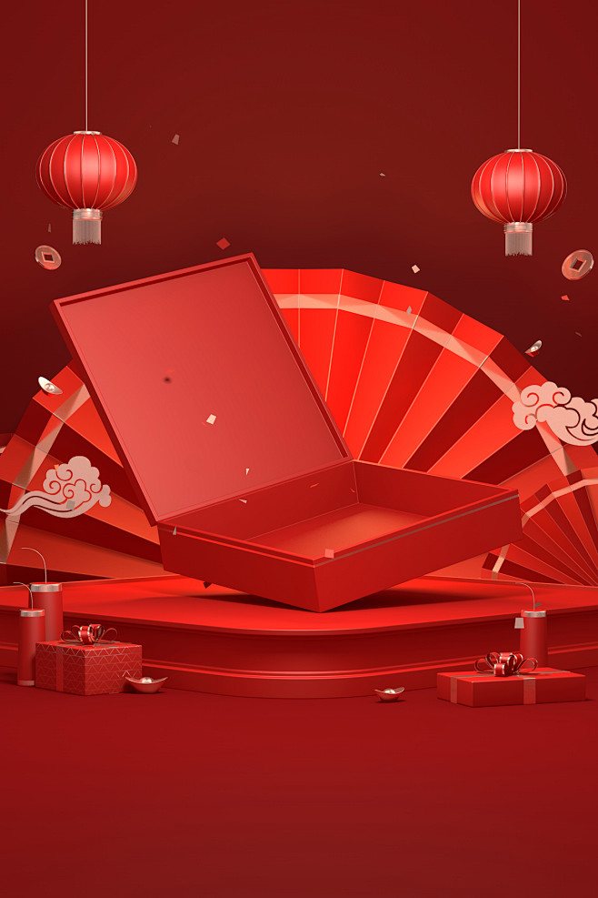 新年红色背景C4D建模背景素材 桌面 台...