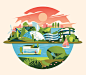 An illustration of a futuristic city, relying on renewable energy. Circular composition.
